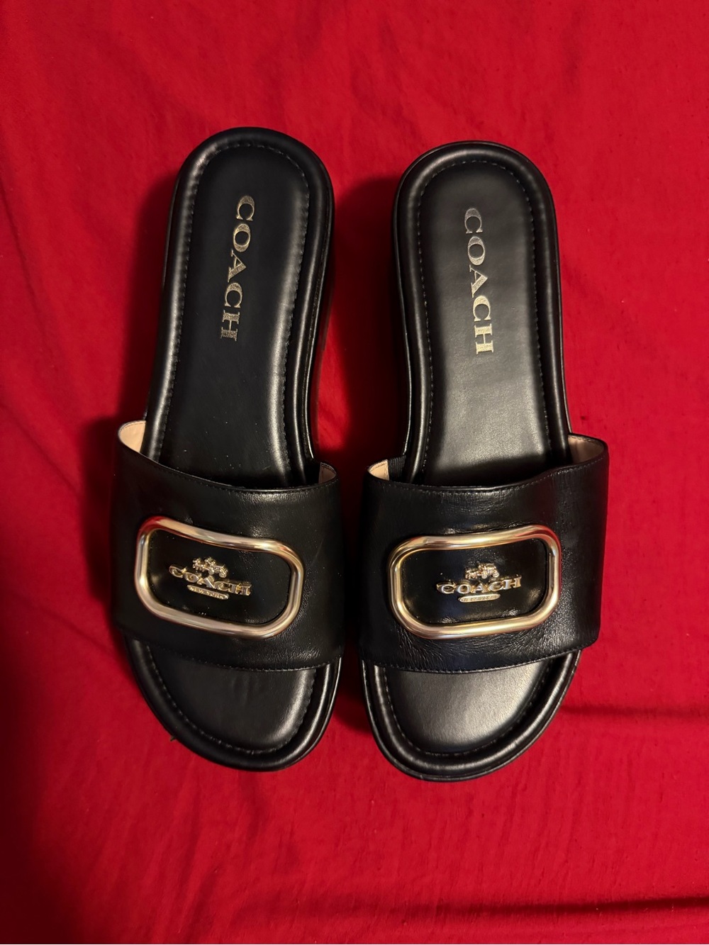 Coach Black Leather Slide Sandals with Gold Accent